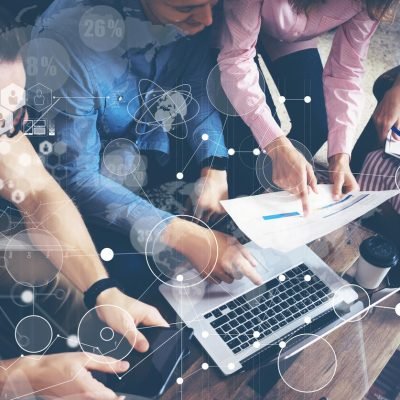Global Strategy Connection Data Virtual Icon Innovation Graph Interface.Startup Diversity Teamwork Brainstorming Meeting Concept.Business People Coworkers Sharing Worldwide Economy Laptop Touchscreen