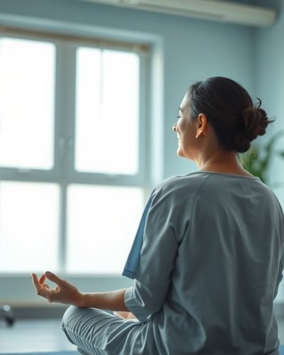 A woman practices meditation in a quiet room filled with natural light and greenery. She sits cross-legged on a mat, focusing inwardly in a serene environment.